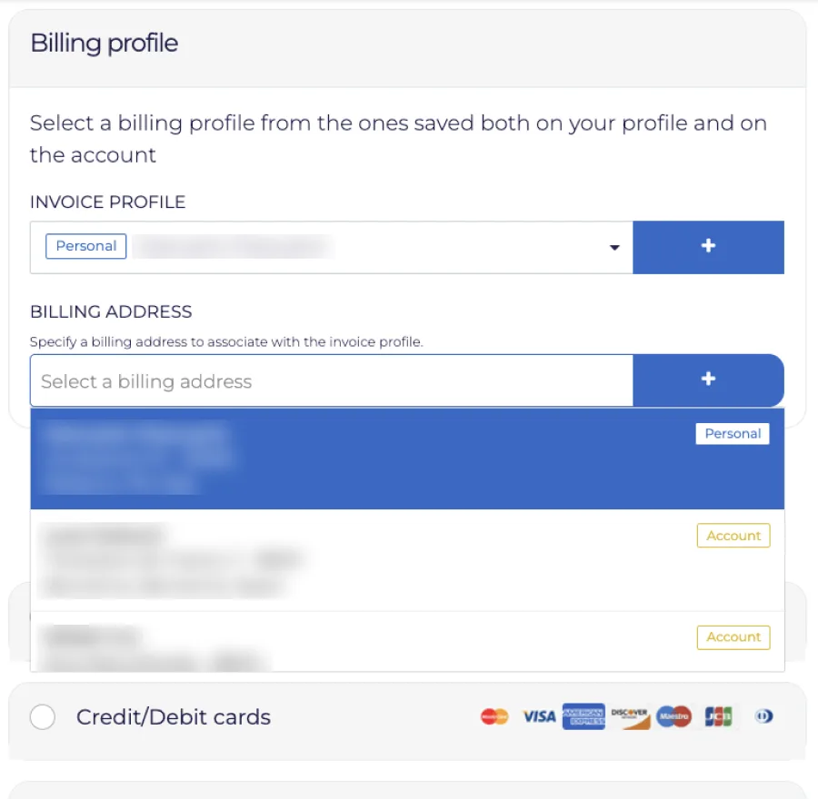 Before: a billing profile box with two dropdowns and plus buttons, an open list mixing personal and account addresses, and a list of payment types with radio buttons. Names are blurred.