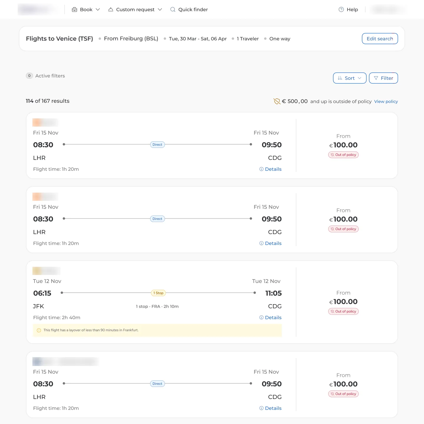 Shipped flight results: a search summary with an Edit search button, a Filter and a Sort button, and flight cards with a price column.