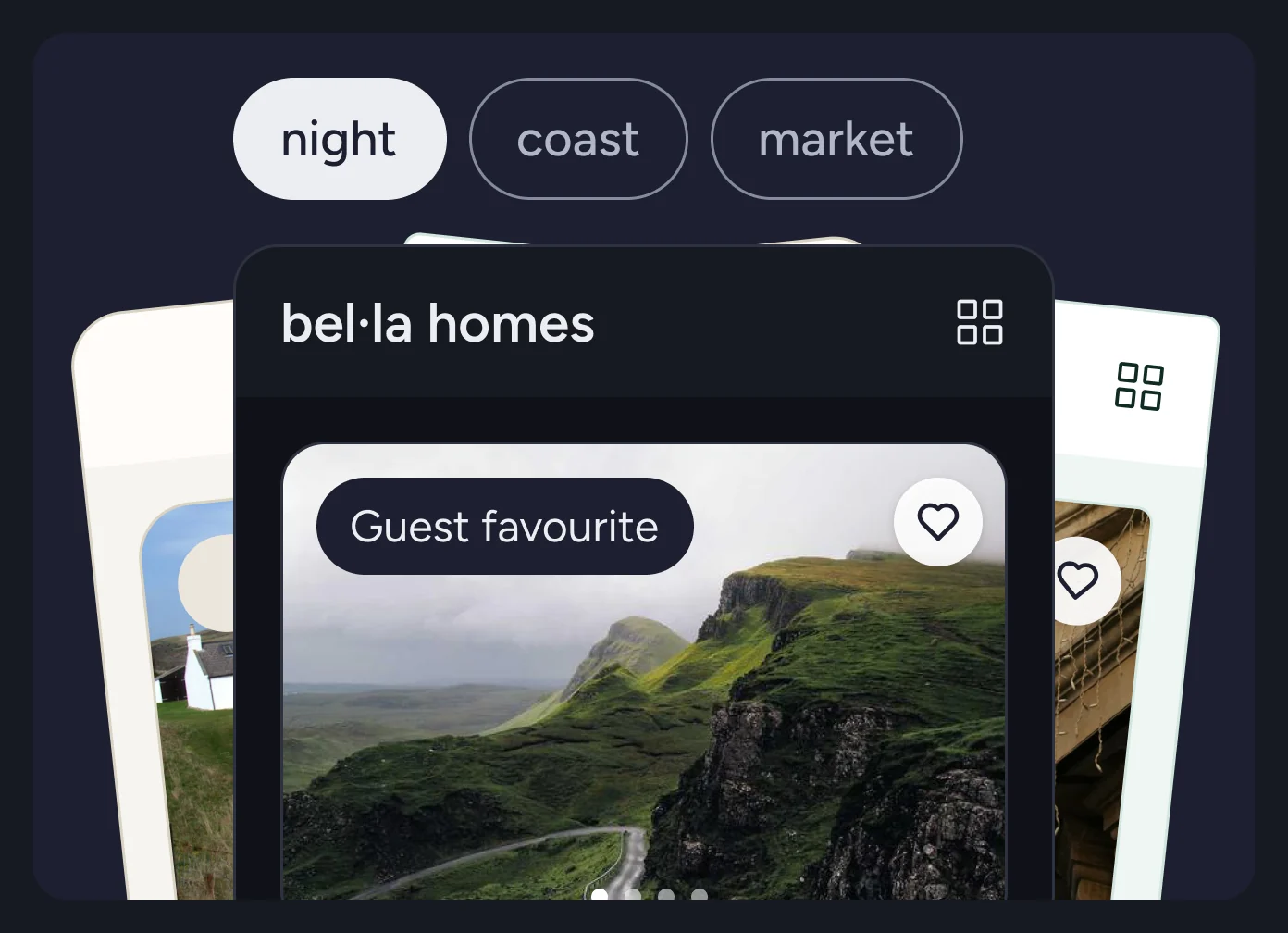 A night, coast and market switcher over the bel·la homes listing screen on night, with the saltstay and verdello faces fanned behind it.