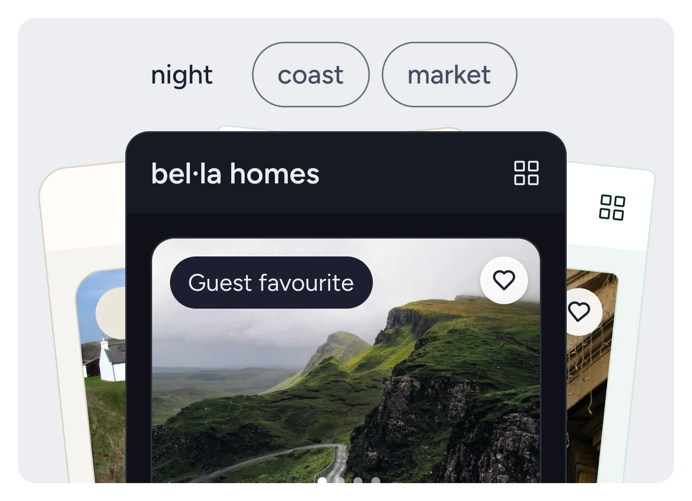 A night, coast and market switcher over the bel·la homes listing screen on night, with the saltstay and verdello faces fanned behind it.